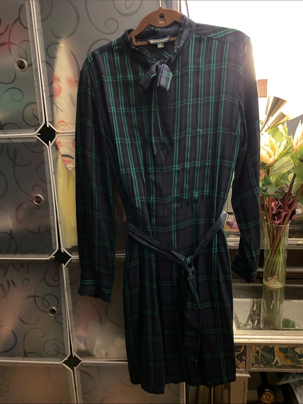 Brooks Brothers Plaid Tie-Neck Long Sleeve Dress - Navy & Green